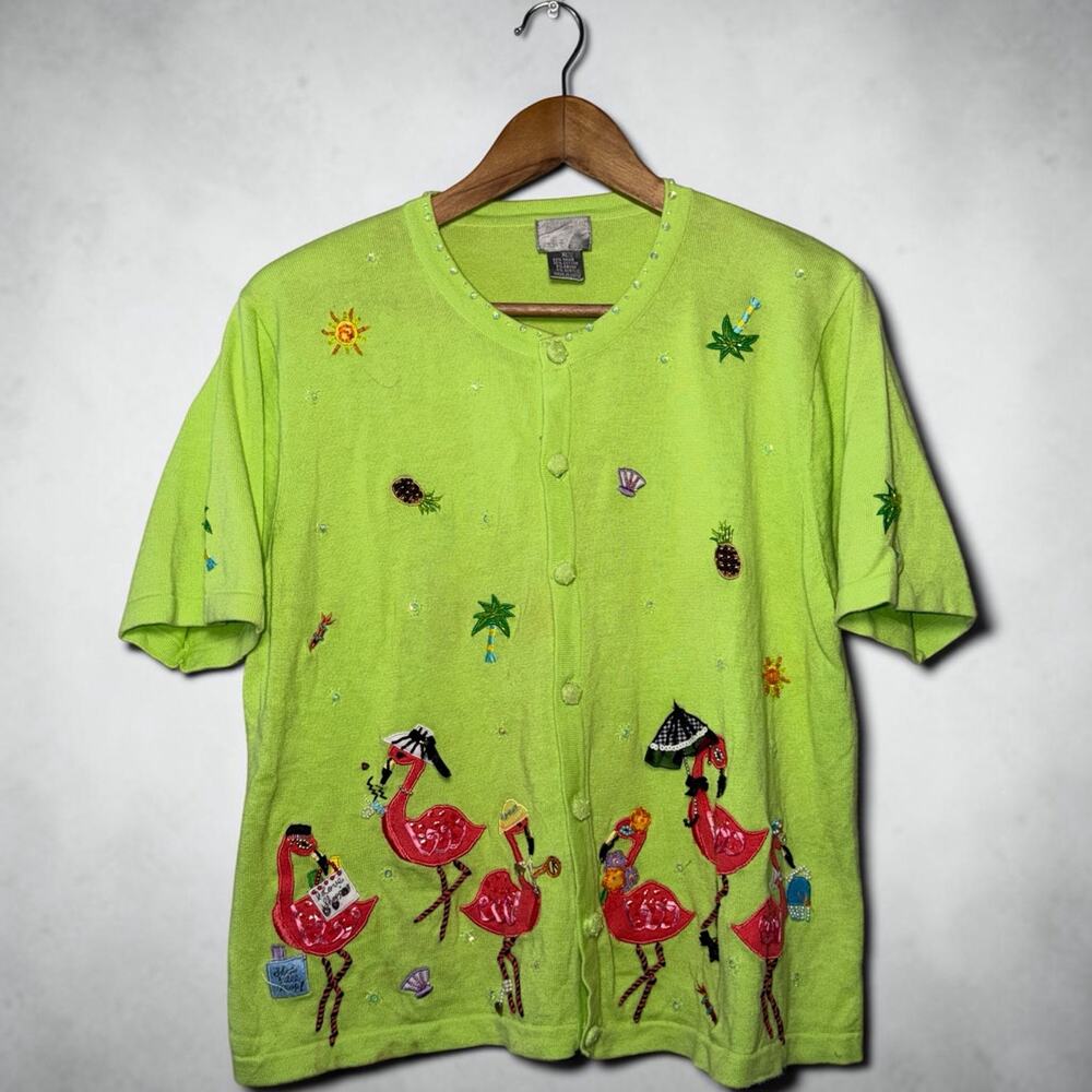 Vintage Berek Flamingo Tropical Cardigan Lime Green Novelty Sweater XL